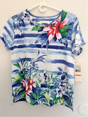 NWT Alfred Dunner Catalina Island Blue Stripe Floral Rhinestone Top Cotton 40x24